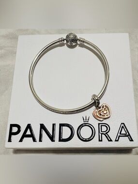 Pandora Two-Tone Heart Charm Bangle Bracelet - Silver & Rose Gold